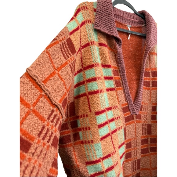 Free People Ruben Oversized Textured Plaid Collared Sweater Boho Pullover M - Picture 8 of 11
